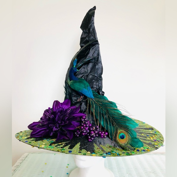 Witch hat Black Lavender feathers Natural. pleated19" Tall Crown 19" wide. - Picture 13 of 15